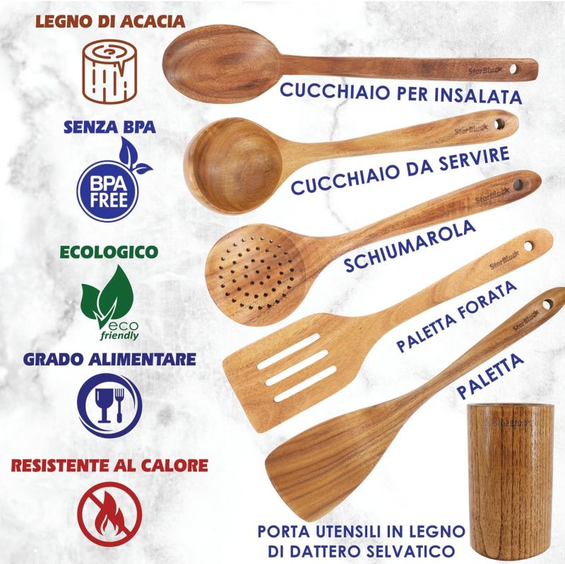 StarBlue - Set Di Utensili Da Cucina In Legno Di Acacia Da 6 Pezzi; Resistenti Spatole Antigraffio Per Pentole Antiaderenti; Set Di Spatole Ecologiche Ed Ergonomiche Con Apposito Contenitore In Legno - Asset