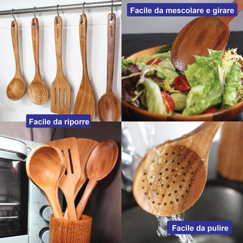 StarBlue - Set Di Utensili Da Cucina In Legno Di Acacia Da 6 Pezzi; Resistenti Spatole Antigraffio Per Pentole Antiaderenti; Set Di Spatole Ecologiche Ed Ergonomiche Con Apposito Contenitore In Legno - Asset