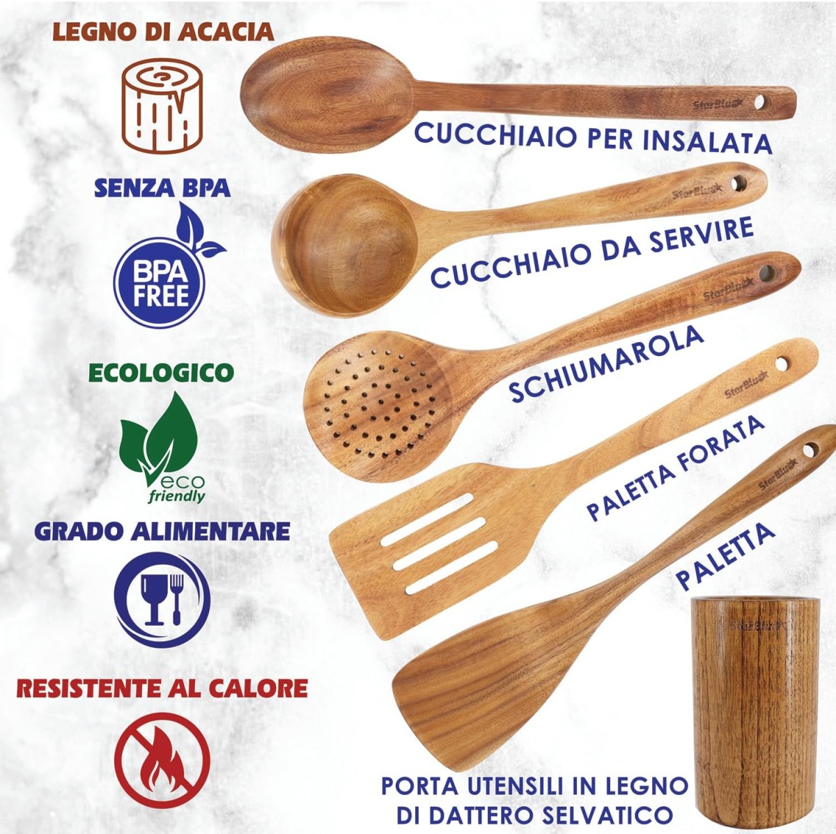 StarBlue - Set Di Utensili Da Cucina In Legno Di Acacia Da 6 Pezzi; Resistenti Spatole Antigraffio Per Pentole Antiaderenti; Set Di Spatole Ecologiche Ed Ergonomiche Con Apposito Contenitore In Legno - Asset