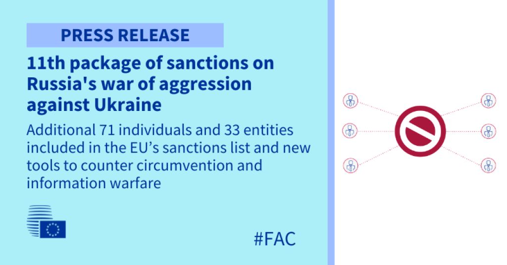 Consiglio Europeo: È in gazzetta ufficiale l'11° pacchetto di sanzioni contro la guerra di aggressione della Russia nei confronti dell'Ucraina